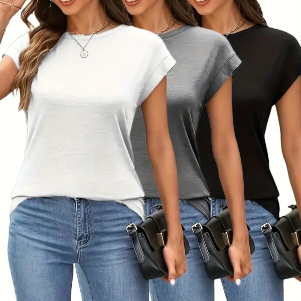 Women's 3-Pack Round Neck Solid Color Short Sleeve T-Shirts - Basic Casual Summer Tops - Image 7