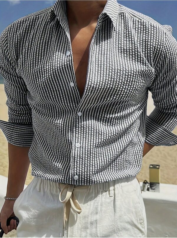 Fashion Striped Cardigan Lapel Long Sleeve Shirt - Image 7