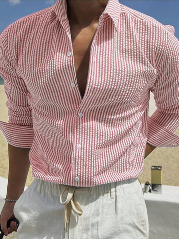 Fashion Striped Cardigan Lapel Long Sleeve Shirt - Image 10