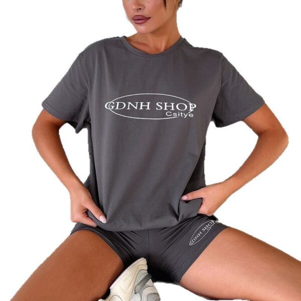 Round Neck Fashion Loose Top Hip Raise Skinny Shorts Sports Suit - Image 5