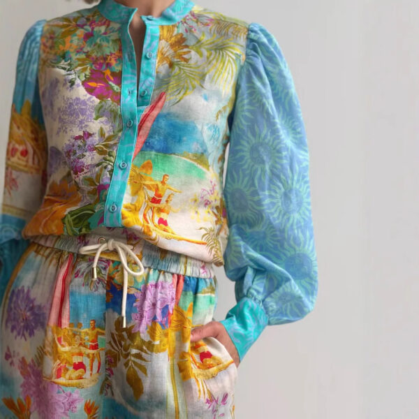 Casual Long Linen Sleeves Shirt Shorts Suit - Image 3