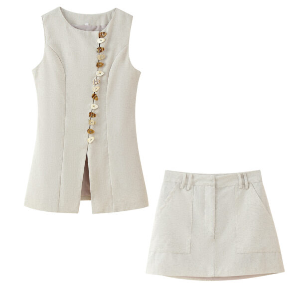 Round Neck Breasted Vest Skirt Outfit - Image 3