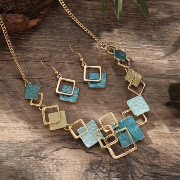 Color Painting Oil Geometric Square Ear Studs Bracelet And Necklace Set - Image 6