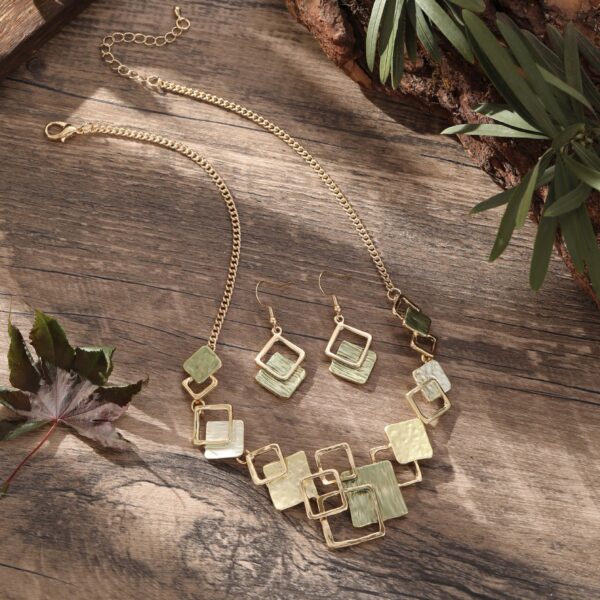 Color Painting Oil Geometric Square Ear Studs Bracelet And Necklace Set - Image 7