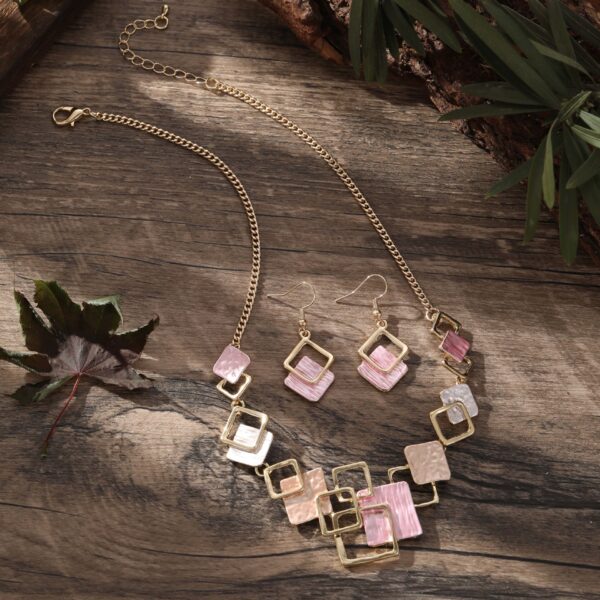 Color Painting Oil Geometric Square Ear Studs Bracelet And Necklace Set - Image 9