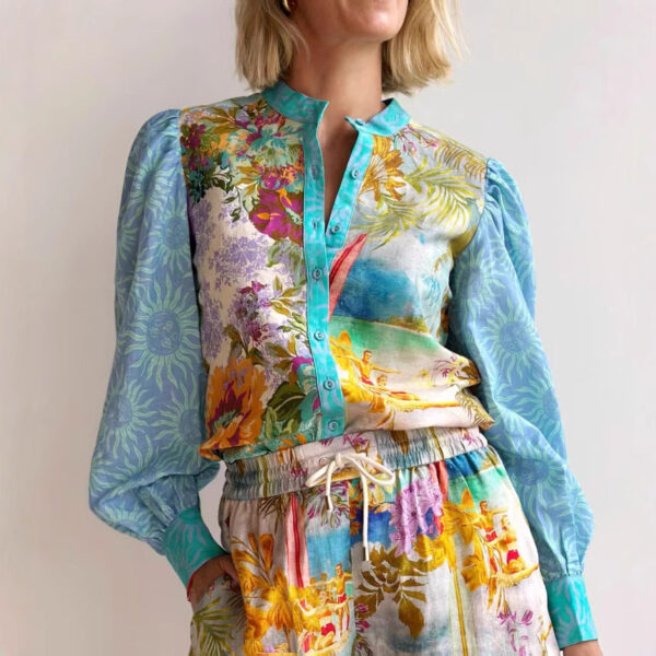 Casual Long Linen Sleeves Shirt Shorts Suit - Image 2