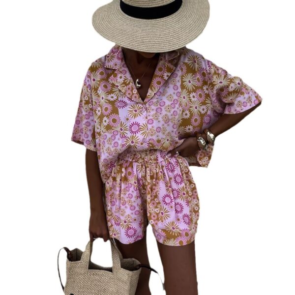 Female Suit Collar Short-sleeved Shorts Two-piece Suit Fashion Printed Casual - Image 2