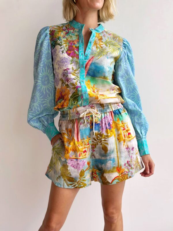 Casual Long Linen Sleeves Shirt Shorts Suit - Image 6