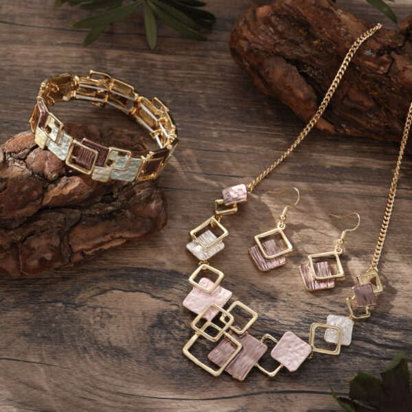 Color Painting Oil Geometric Square Ear Studs Bracelet And Necklace Set - Image 4