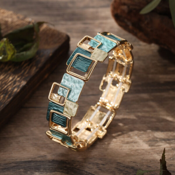 Color Painting Oil Geometric Square Ear Studs Bracelet And Necklace Set - Image 10