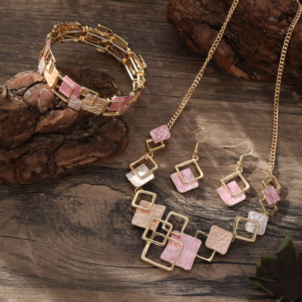 Color Painting Oil Geometric Square Ear Studs Bracelet And Necklace Set - Image 5