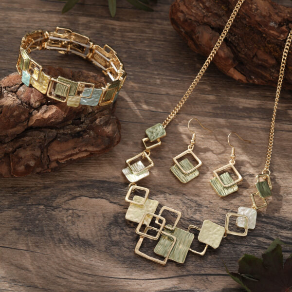 Color Painting Oil Geometric Square Ear Studs Bracelet And Necklace Set - Image 3