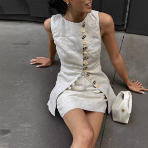 Round Neck Breasted Vest Skirt Outfit