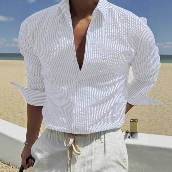 Fashion Striped Cardigan Lapel Long Sleeve Shirt - Image 2