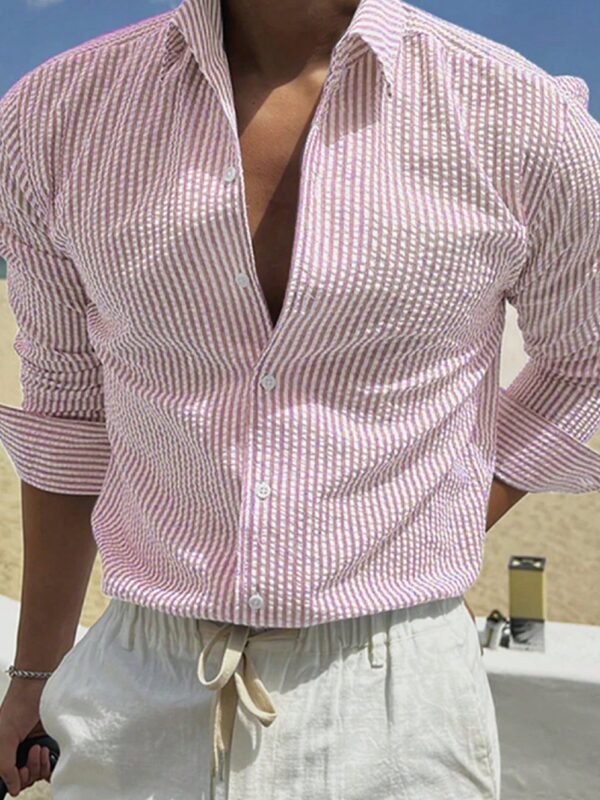 Fashion Striped Cardigan Lapel Long Sleeve Shirt - Image 9